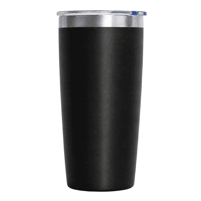 A drink bottle with a sleek black matte finish and a stainless steel lid, featuring a logo.