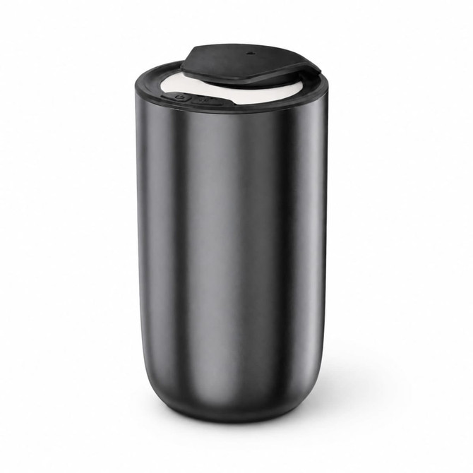 A sleek black diffuser with a lid, featuring a simple design and a logo on the side.