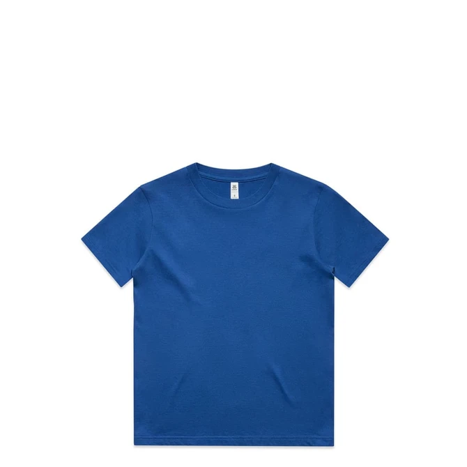 A blue kids' t-shirt with a round neck and short sleeves, featuring a logo on the tag.