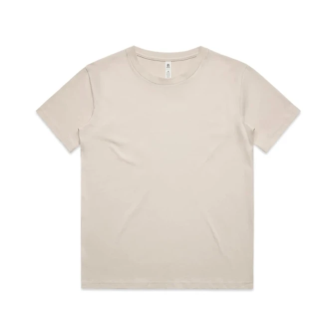 A beige kids' T-shirt featuring a simple design. It includes a brand logo tag on the inside.