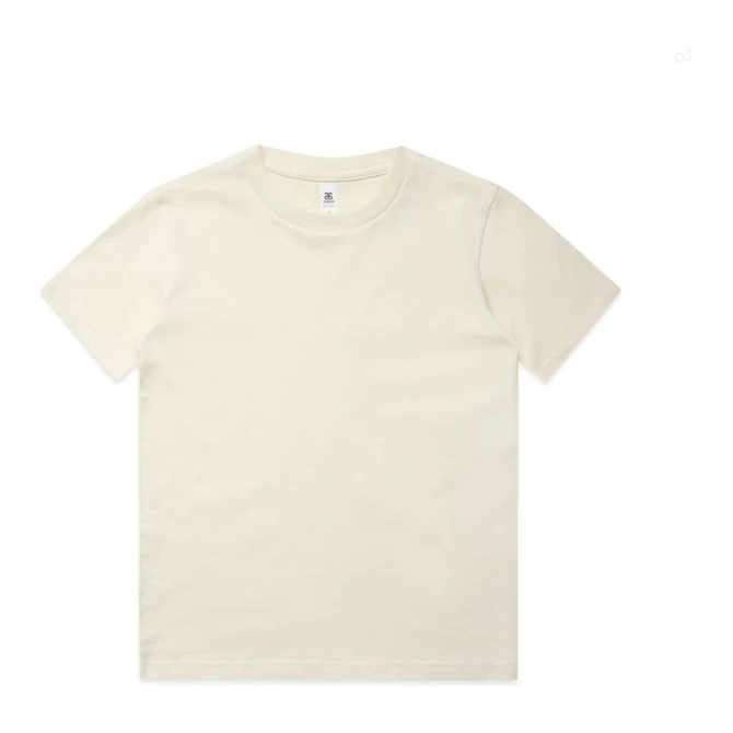 A cream-coloured kids' t-shirt featuring a classic crew neck design and a logo on the label.