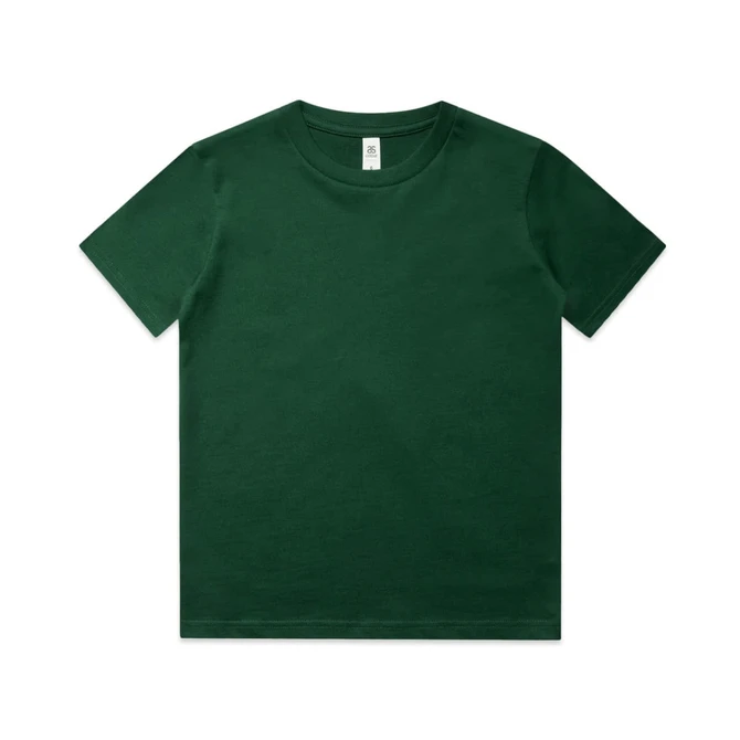 A green kids' t-shirt with a classic crew neck and short sleeves; features a label inside and a logo on the front.