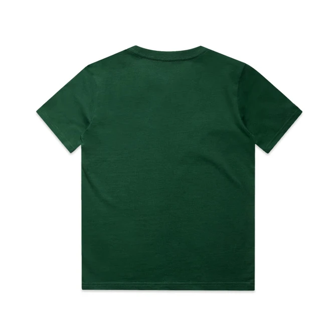 A green kids' t-shirt with a plain design and a logo on the back. Suitable for casual wear.
