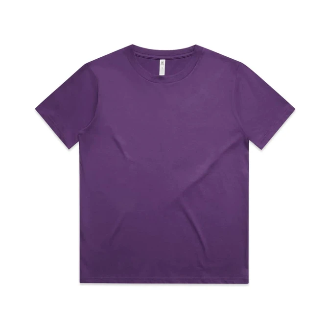 A purple kids' t-shirt with a round neckline and short sleeves, featuring a logo on the brand label.