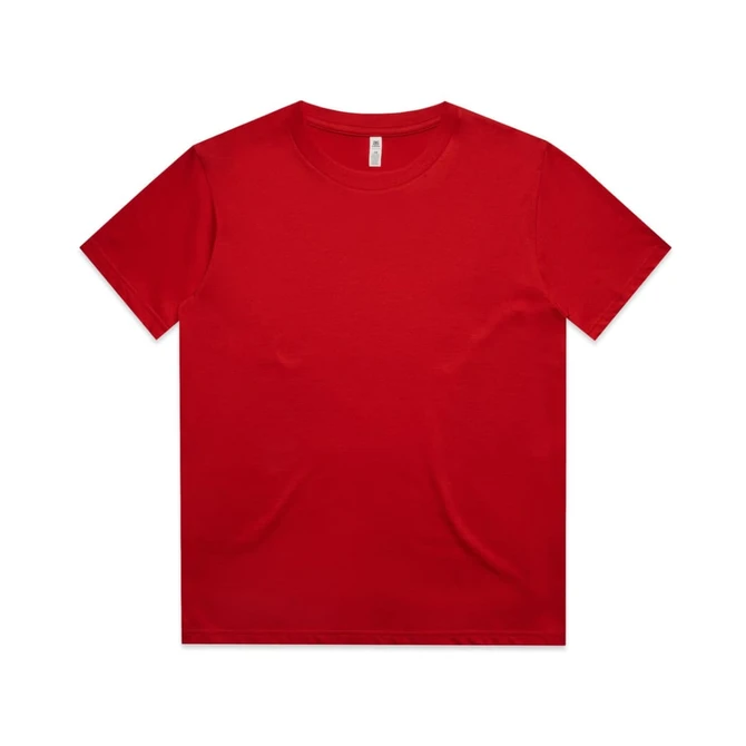 A red kids' T-shirt with a round neckline and short sleeves. It has a simple design and includes a logo.