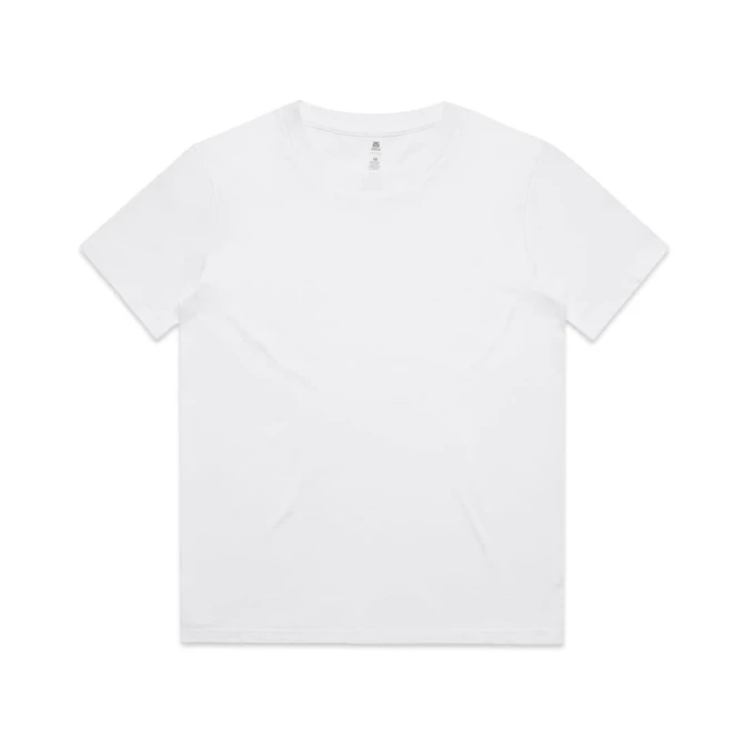 A white kids' t-shirt with a round neck and short sleeves, featuring a logo on the inside label.