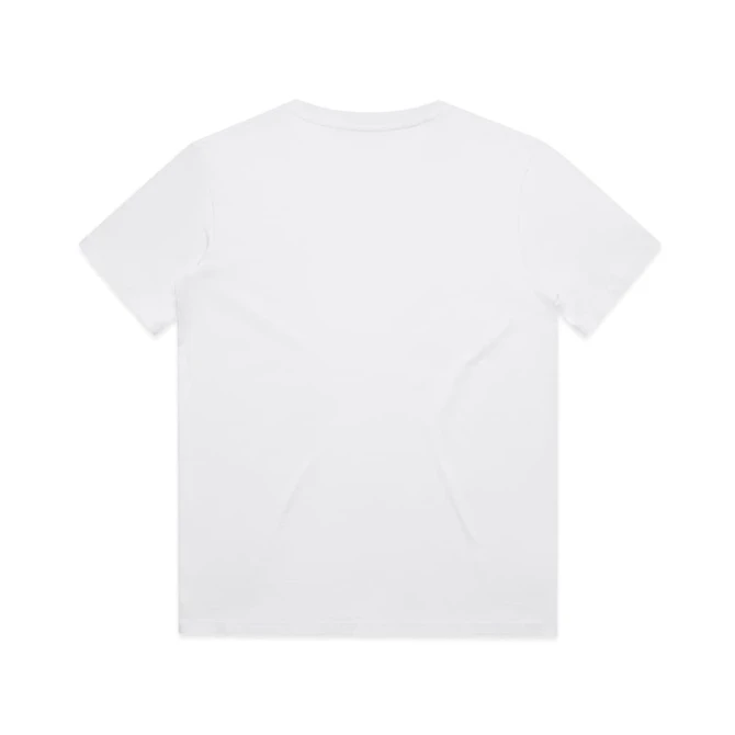 A plain white t-shirt featuring a back view, with short sleeves and a standard fit. It includes a logo on the label.