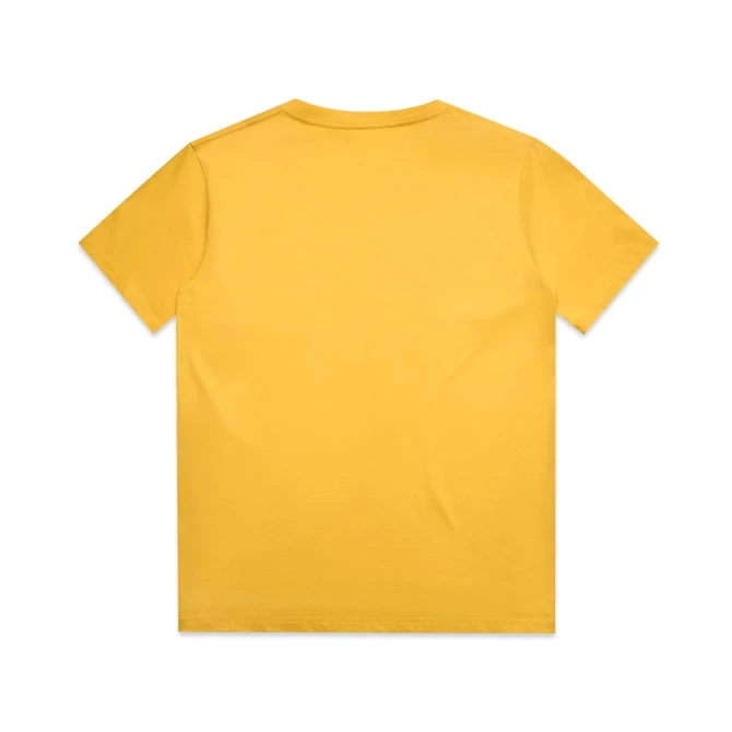 A plain yellow children's t-shirt with a standard round neckline and short sleeves, featuring a logo.