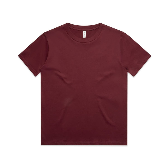 A maroon youth t-shirt with a simple design and a label inside. It has a standard fit and round neckline.