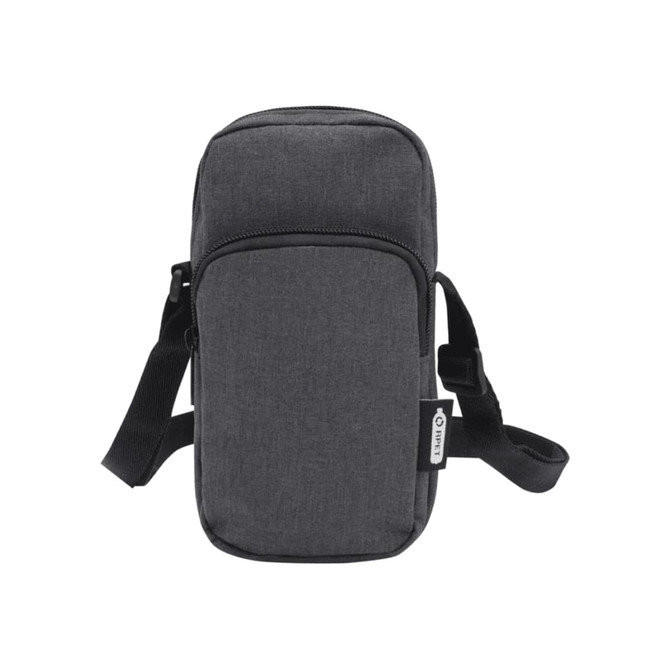 A grey recycled phone pouch with a zippered front pocket and an adjustable strap. Features a logo.