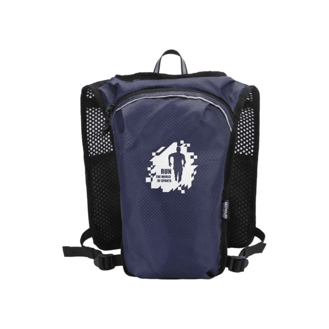 A navy blue hydration pack with a mesh back and a logo on the front, designed for running.