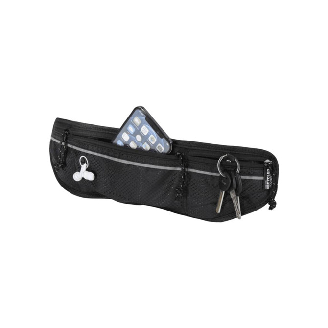 A black running waist pack featuring a phone pocket and key holder, with reflective detailing and an attached logo.