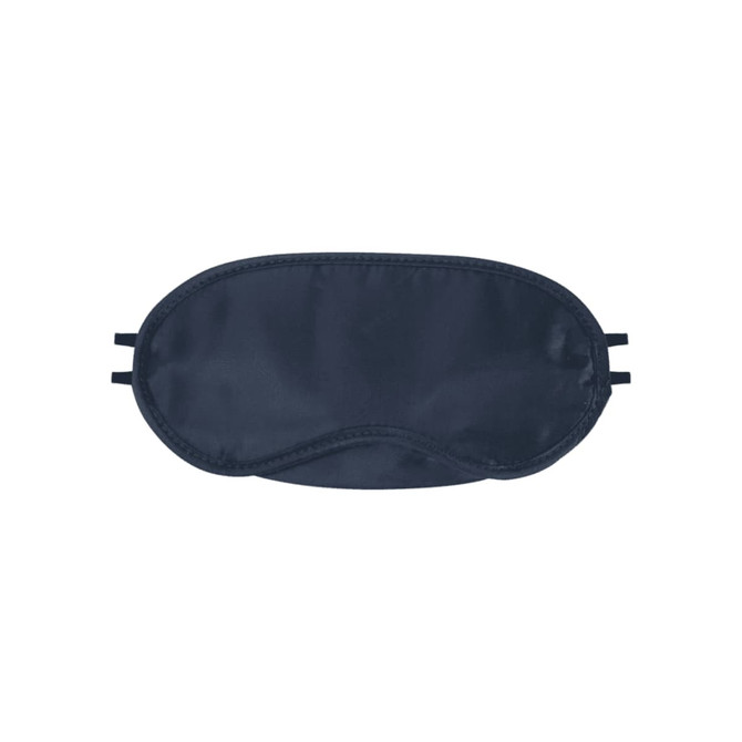 A navy eye mask with adjustable straps and a smooth texture. It features a logo on the surface.