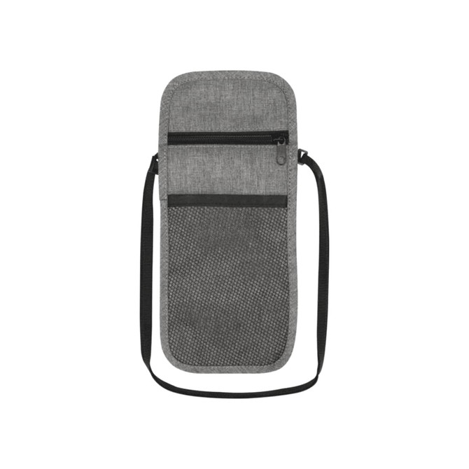 A grey travel pouch with multiple compartments, a mesh pocket, and a shoulder strap. It features a logo.