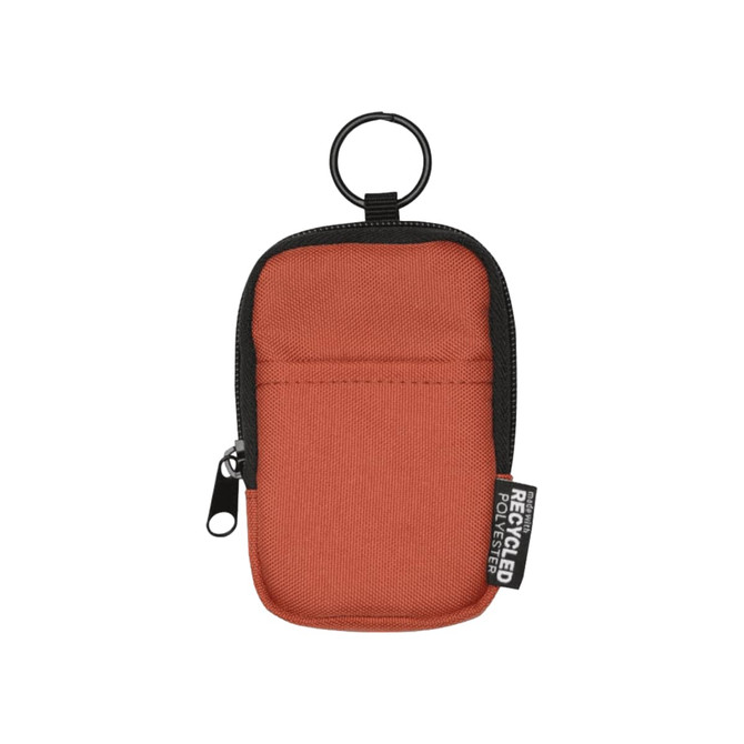 An orange recycled polyester pouch with a zip closure and a keyring attachment. It has a black trim and branding.