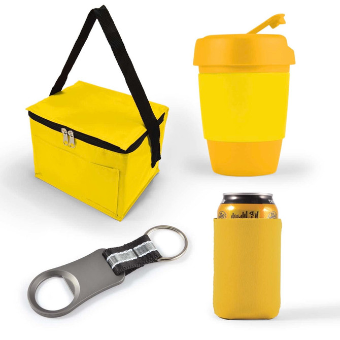 A yellow cooler bag, a yellow drink cup, a can cooler, and a bottle opener with a keyring.