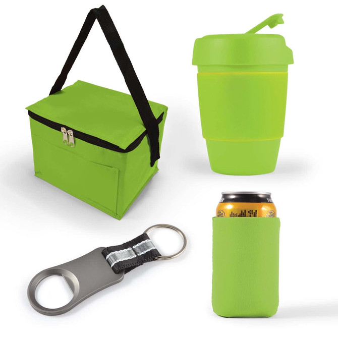 A green cooler bag, a green drink container, a can cooler, and a bottle opener with a keyring feature.