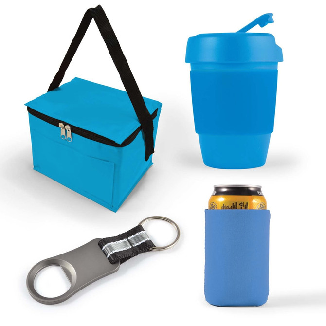 A blue cooler bag, a blue drink bottle, a can cooler, and a bottle opener with a keyring. The items have branding elements.