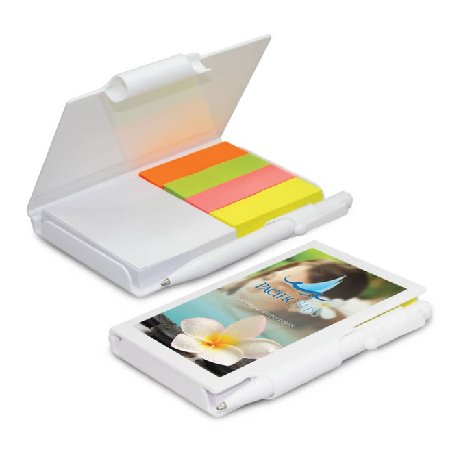 A white notebook with a transparent cover, featuring colourful sticky notes inside and a logo on the front.