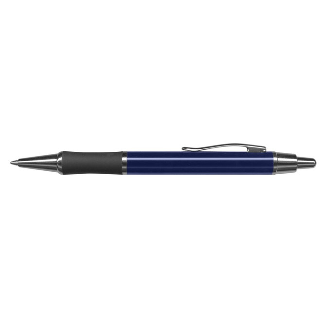 A metal pen in navy blue with a black grip and silver accents, featuring a clip for attachment.