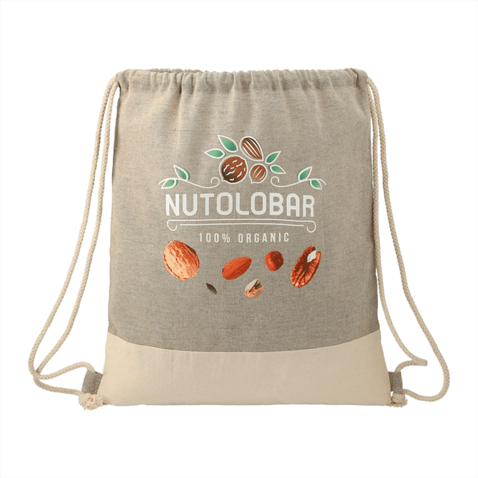 A natural grey and beige drawstring bag made from recycled cotton, featuring a logo and various nut graphics.