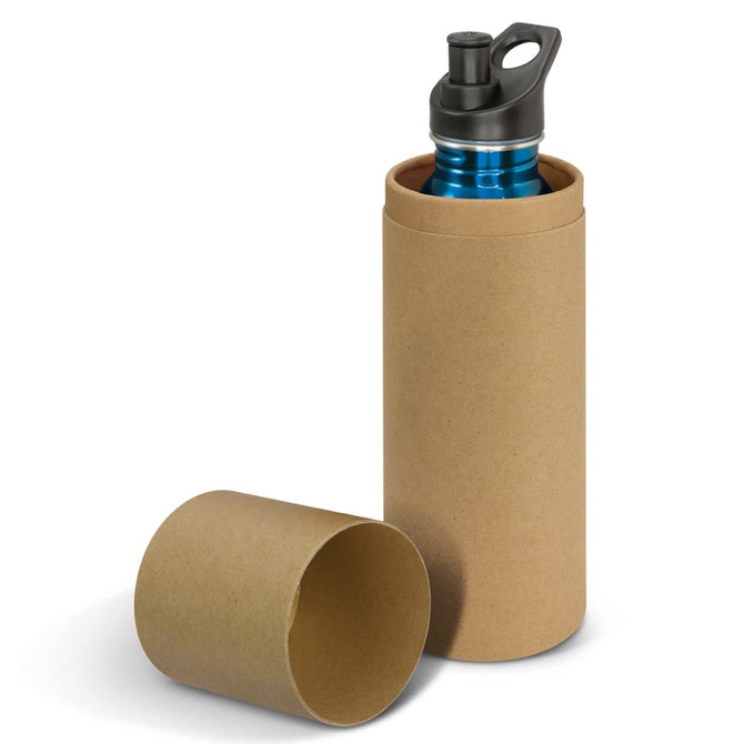 A drink bottle in blue with a black spout, packaged inside a brown cardboard tube. The tube is partially removed.
