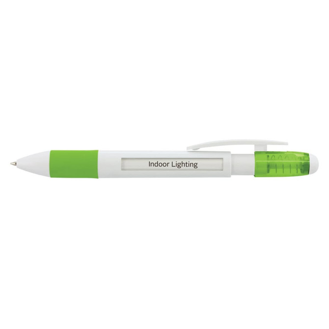 A plastic pen featuring a white body with green accents and a transparent grip section, including a logo.
