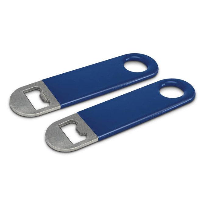 A drink bottle opener in blue with a stainless steel cap remover and a circular hole for hanging.