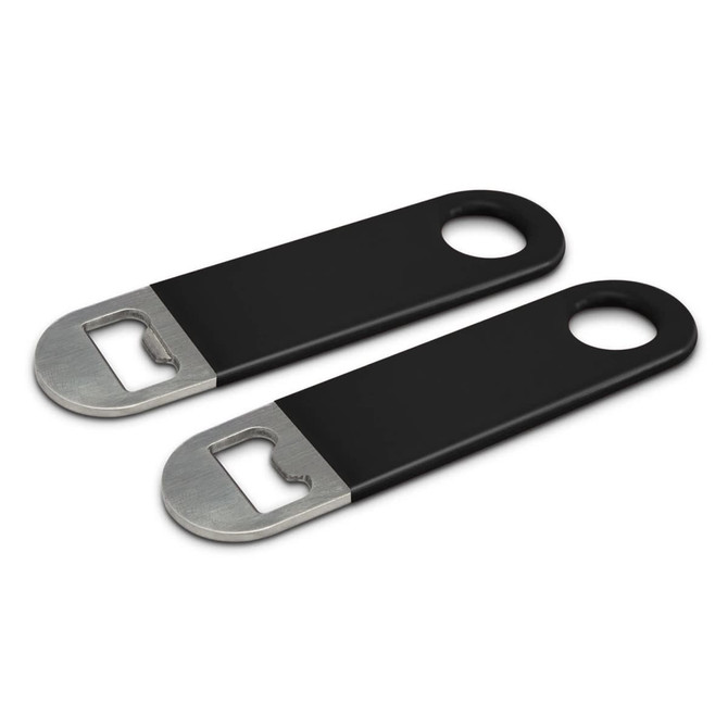 A drink bottle opener set featuring two small black openers with silver metal ends and circular holes.