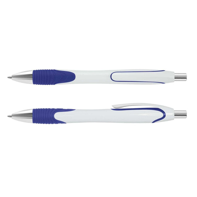 A plastic pen with a white body and blue grips, featuring a chrome clip and accents. It has a logo present.