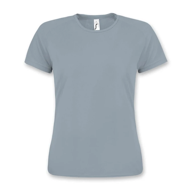 A grey sporty women's T-shirt with a round neckline and short sleeves, featuring a small logo.