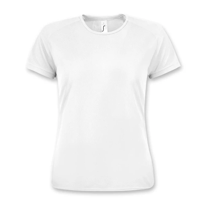 A white sporty women's T-shirt with a breathable mesh design and a logo on the neckline.