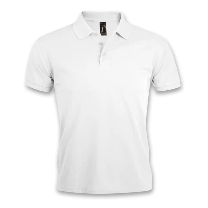 A white men's polo shirt with a classic collar and three-button placket, featuring a logo on the tag.