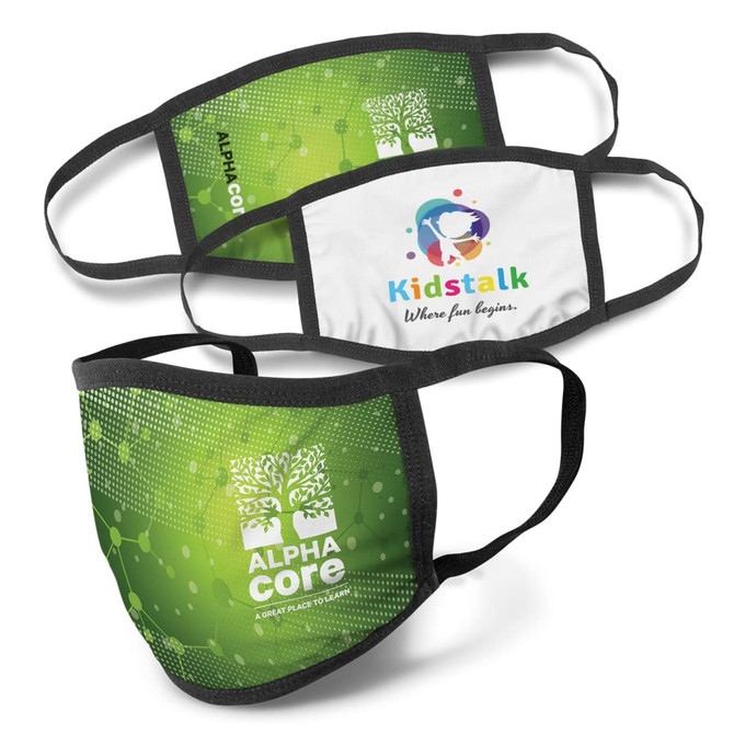 Three reusable face masks in various designs: one green with a logo, one white with a logo, and one patterned green mask.