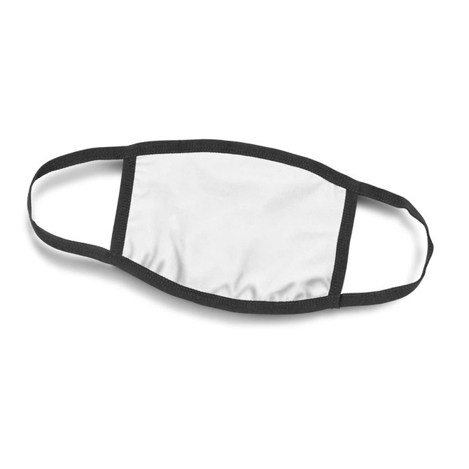 A white reusable face mask with black edges and straps, featuring a logo.
