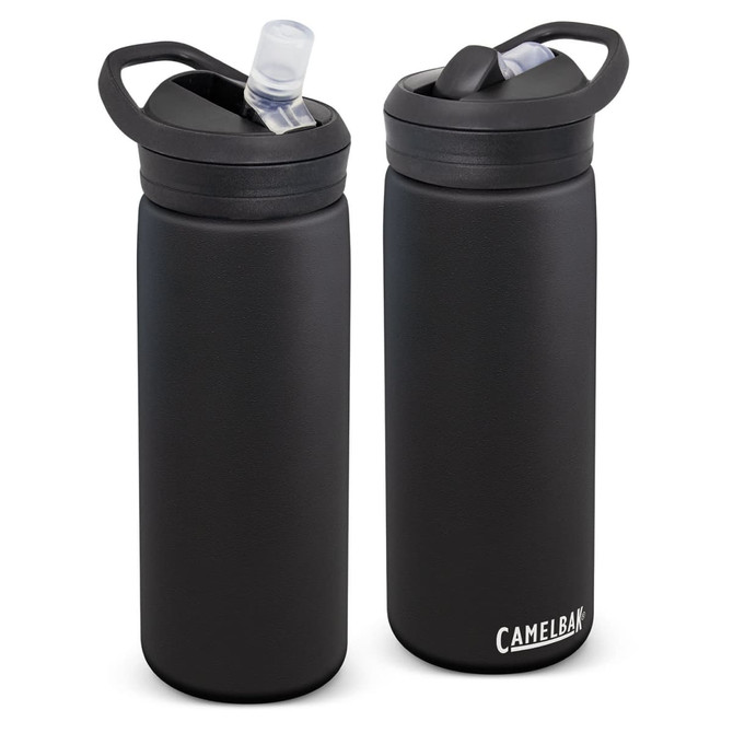 A drink bottle in black with a sip lid and an attached handle, featuring a logo on the base.