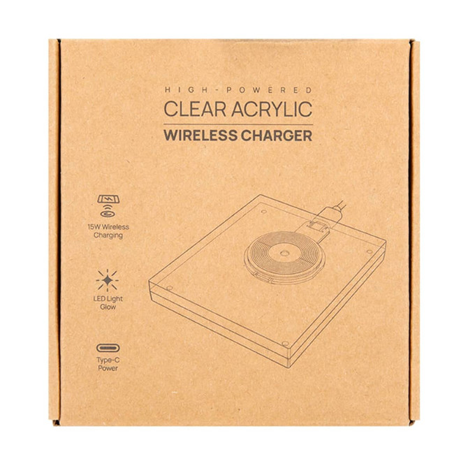 A clear acrylic wireless charger in a cardboard box, featuring a circular charging pad and a Type-C power connection.