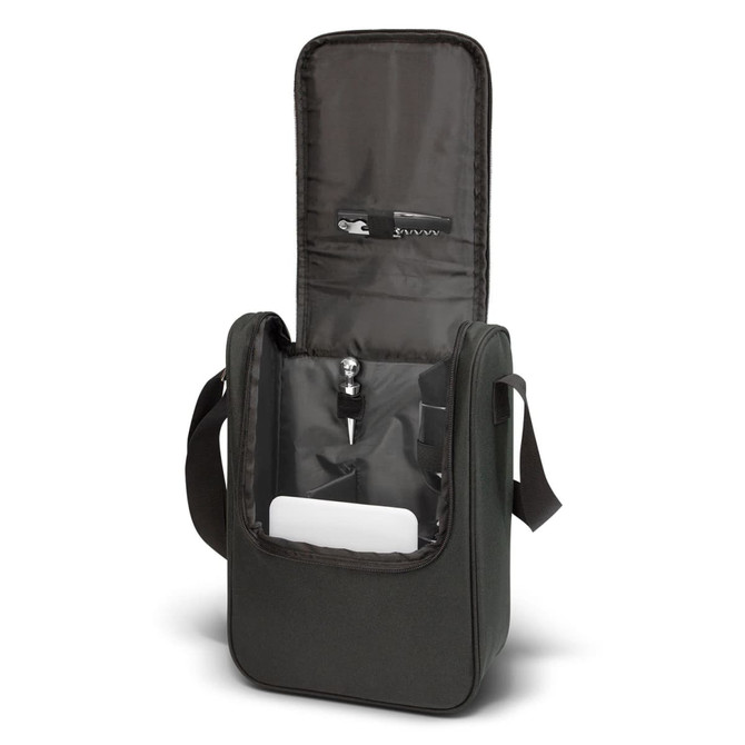 A black picnic bag with interior compartments, including a drink bottle, utensils, and a cutting board.