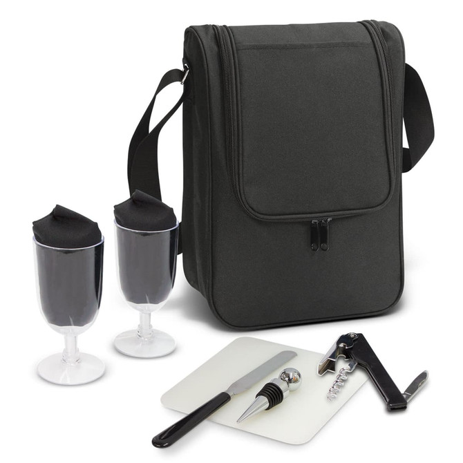 A black picnic bag containing two wine glasses, a corkscrew, a knife, and a bottle stopper.