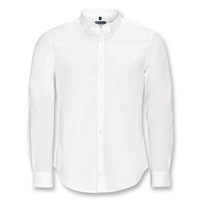 A white long sleeve button-up shirt with a collar and one logo on the chest.