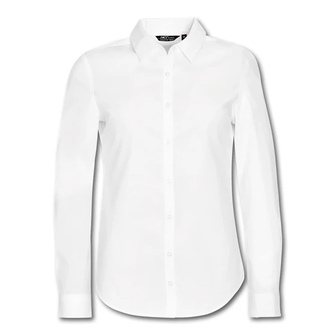 A white long sleeve button-up shirt with a collar and a branded logo.