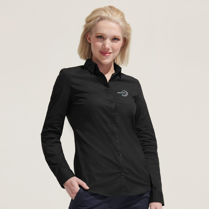 A black women's long sleeve button-up shirt featuring a logo, designed for a smart-casual look.