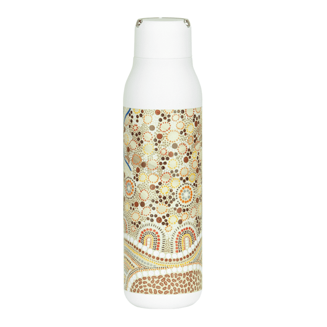 A drink bottle in white featuring an intricate pattern of earthy colours and a metal loop, capacity 600ml.