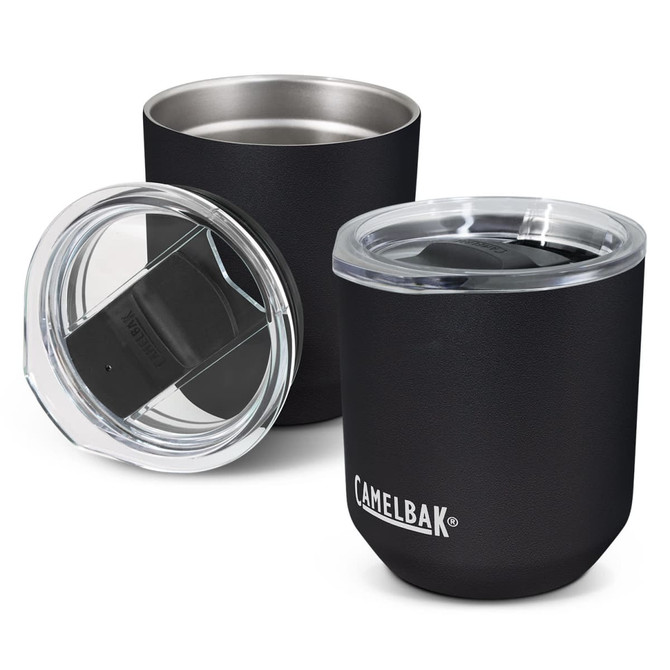 A drink bottle featuring a black exterior and clear lid, with a stainless steel interior. Includes a logo.