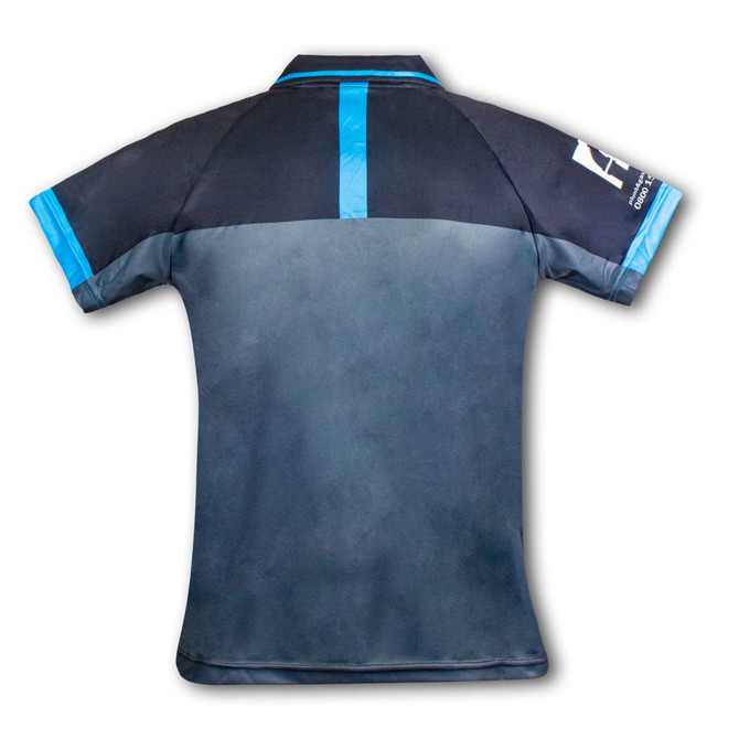 A black and blue custom men's performance polo shirt featuring a logo on the sleeve.