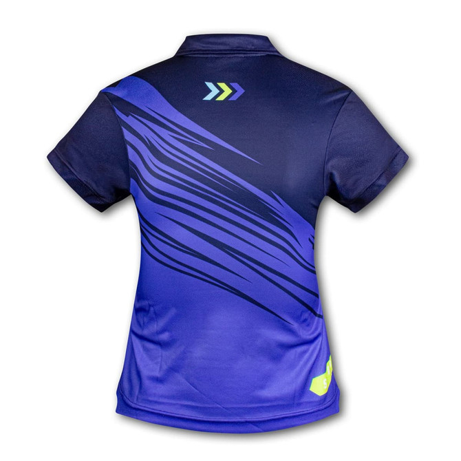 A women's sports polo in navy blue with dynamic graphic patterns and a logo on the back.