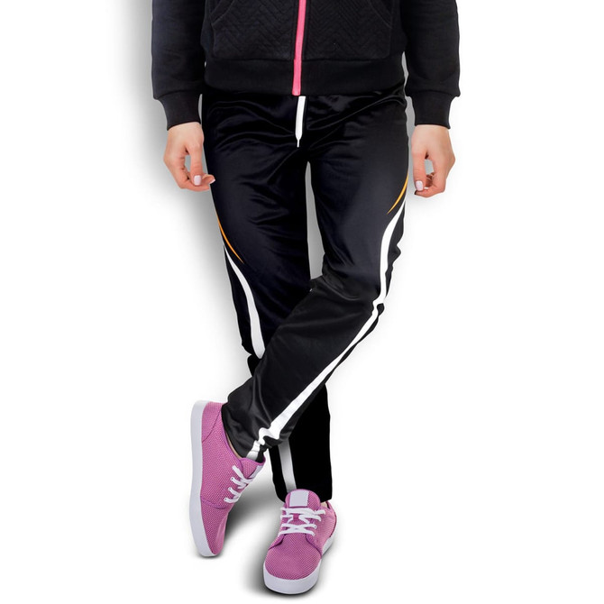 Black sports pants with white and yellow stripes, paired with pink sneakers, showcased on a model.