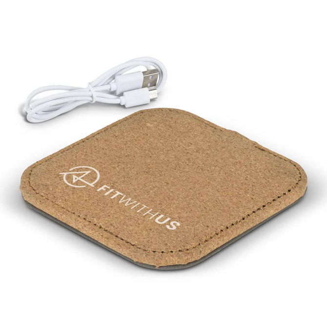 A square wireless charger in a natural cork colour with a branded logo and a USB charging cable.