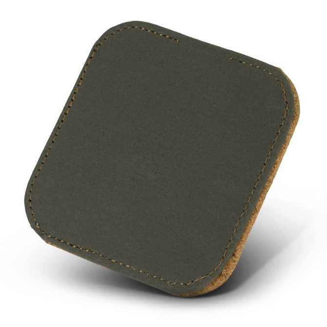 A square wireless charger in olive green with a stitched leather finish and a textured surface.