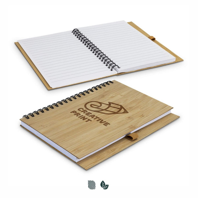 A medium bamboo notebook with a wooden cover and spiral binding, featuring lined pages and a branding logo design.